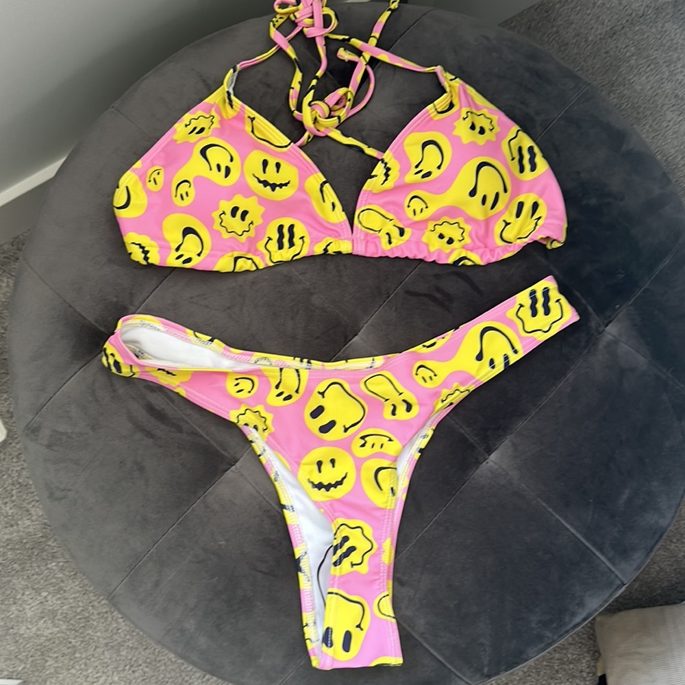 SHEIN Happy Face 3 Piece Swim Set with Skirt - Picture 2 of 3